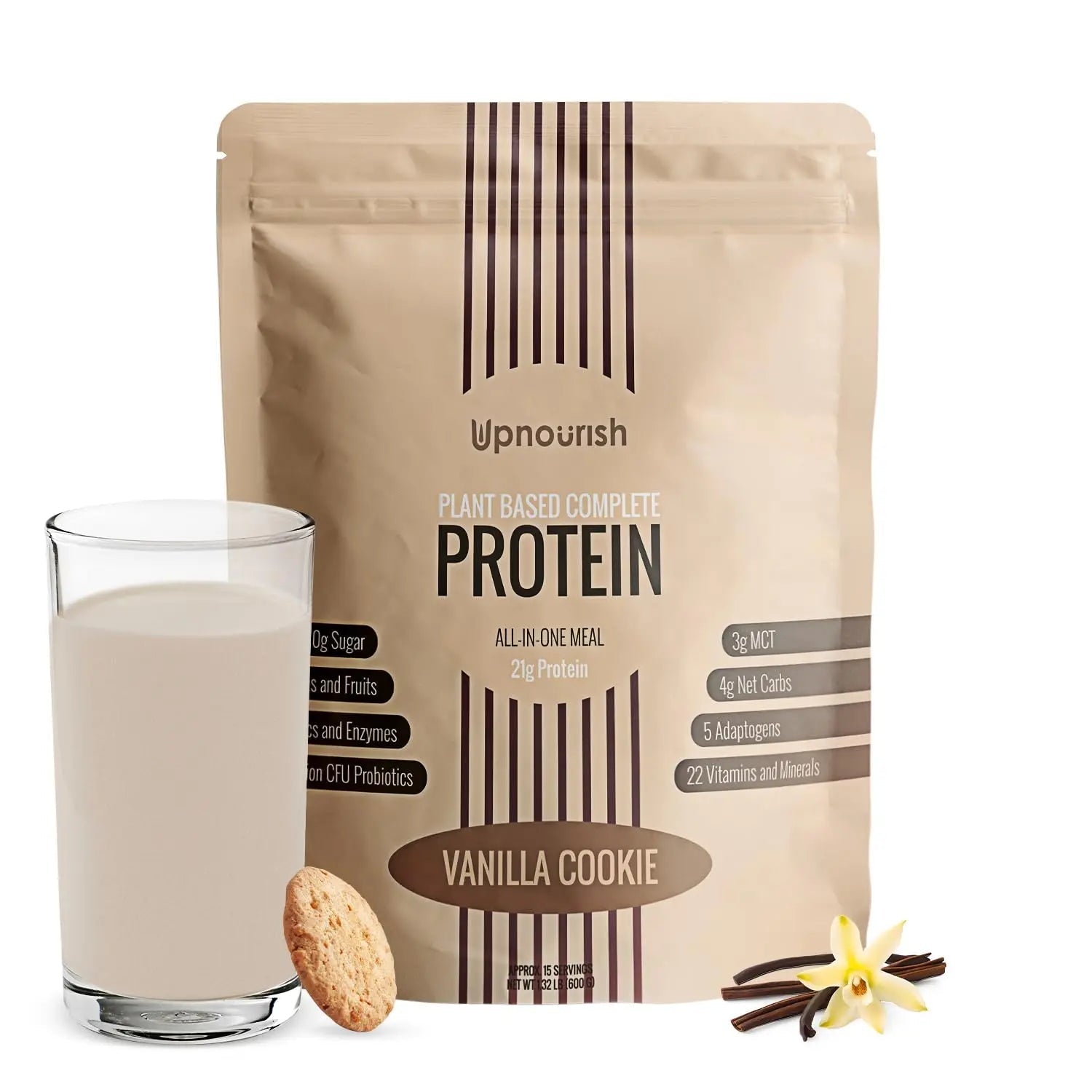 UpNourish Vanilla Cookie Vegan Protein Powder 54 Superfoods Powder,1.5 Billion CFU Probiotics 21g Plant Based Protein,No Sugar No Dairy No GMO Dairy Free,Meal Replacement Shake Keto-Friendly Low-Carb Diet,15 Servings - Maple Wellness Supplements