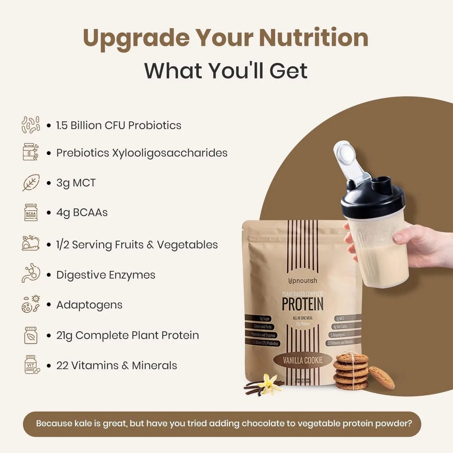 UpNourish Vanilla Cookie Vegan Protein Powder 54 Superfoods Powder,1.5 Billion CFU Probiotics 21g Plant Based Protein,No Sugar No Dairy No GMO Dairy Free,Meal Replacement Shake Keto-Friendly Low-Carb Diet,15 Servings - Maple Wellness Supplements