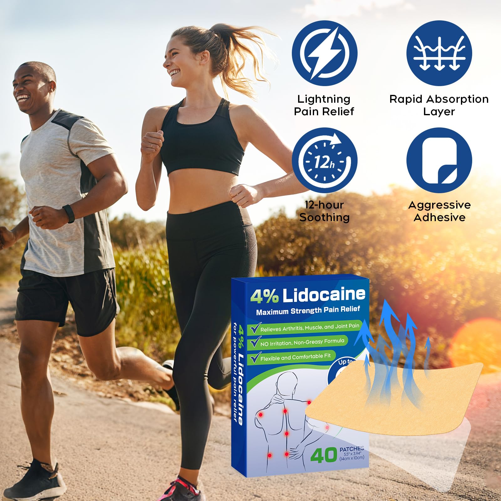 Uposiut Lidocaine 4% Patches - Extra Strength Lidocaine Patches (40 Patches), for Neck, Shoulder, Back, Knee, and Ankle Muscles, 12-Hour Effectiveness-A001L - Maple Wellness Supplements