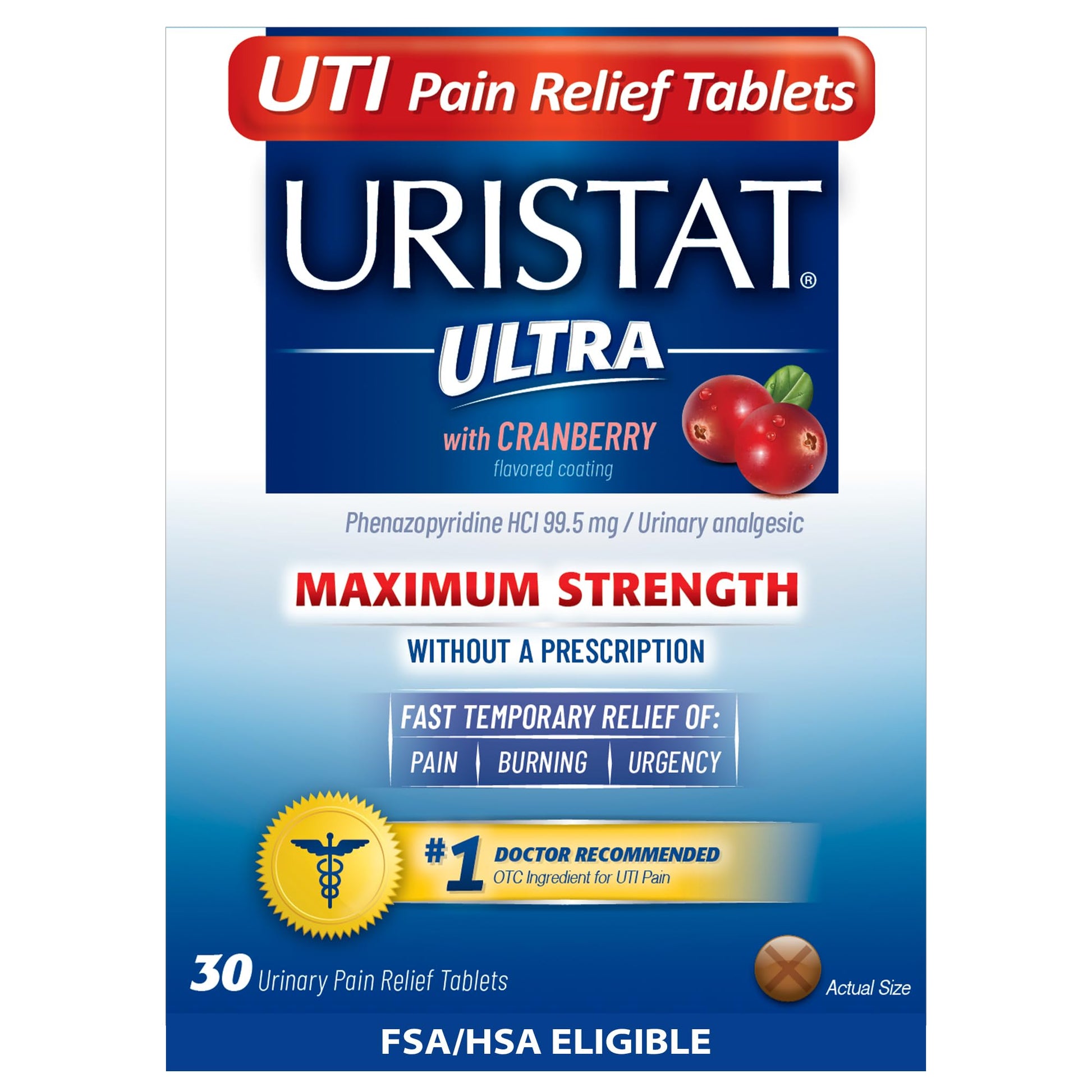 Uristat Ultra Strength UTI Relief Tablets – Ease Urinary Pain, Burning & Urgency, Cranberry Flavor, 30 Count - Maple Wellness Supplements