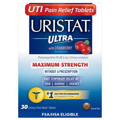 Uristat Ultra Strength UTI Relief Tablets – Ease Urinary Pain, Burning & Urgency, Cranberry Flavor, 30 Count - Maple Wellness Supplements