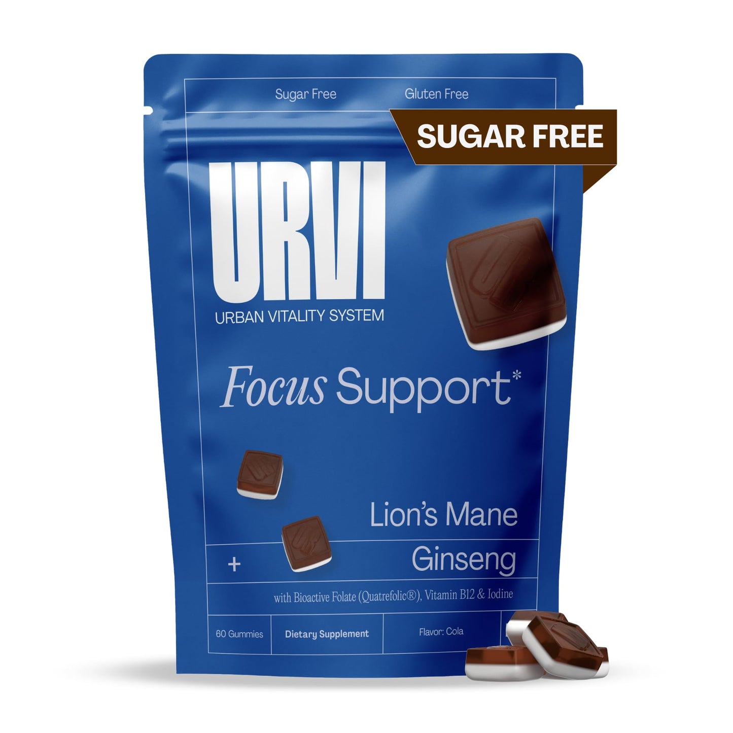 URVI 1500mg Lion's Mane Gummies with Ginseng, Folate 5-MTHF, B12 & Iodine – Focus Nootropic Brain Supplement Boosts Memory, Focus & Energy – Sugar-Free – Cola Flavor – 60 Count - Maple Wellness Supplements