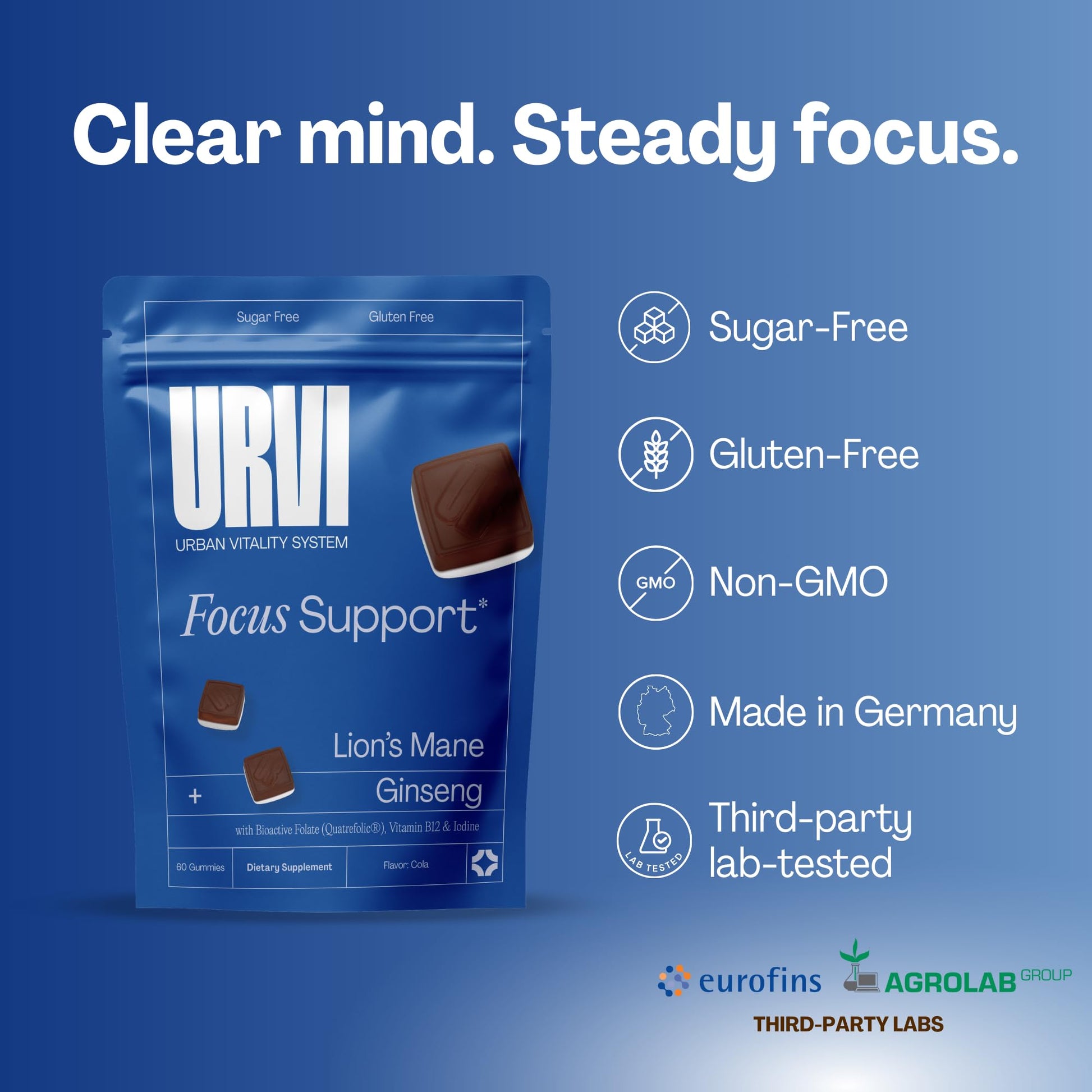 URVI 1500mg Lion's Mane Gummies with Ginseng, Folate 5-MTHF, B12 & Iodine – Focus Nootropic Brain Supplement Boosts Memory, Focus & Energy – Sugar-Free – Cola Flavor – 60 Count - Maple Wellness Supplements