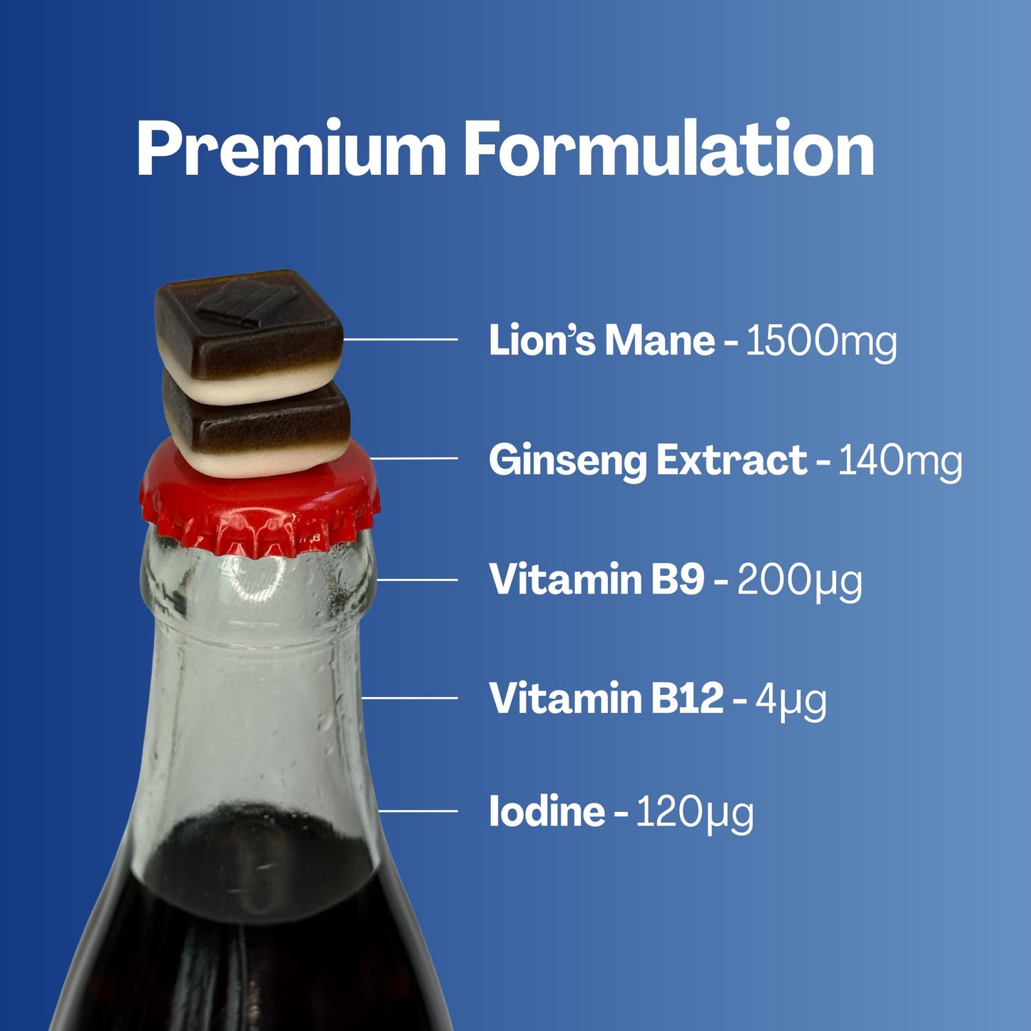 URVI 1500mg Lion's Mane Gummies with Ginseng, Folate 5-MTHF, B12 & Iodine – Focus Nootropic Brain Supplement Boosts Memory, Focus & Energy – Sugar-Free – Cola Flavor – 60 Count - Maple Wellness Supplements