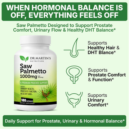 USA Grown Saw Palmetto | 180 Capsules Prostate Health Supplement | Hair Growth for Men & Women | Support to Help Maintain Normal Urination Frequency - Maple Wellness Supplements