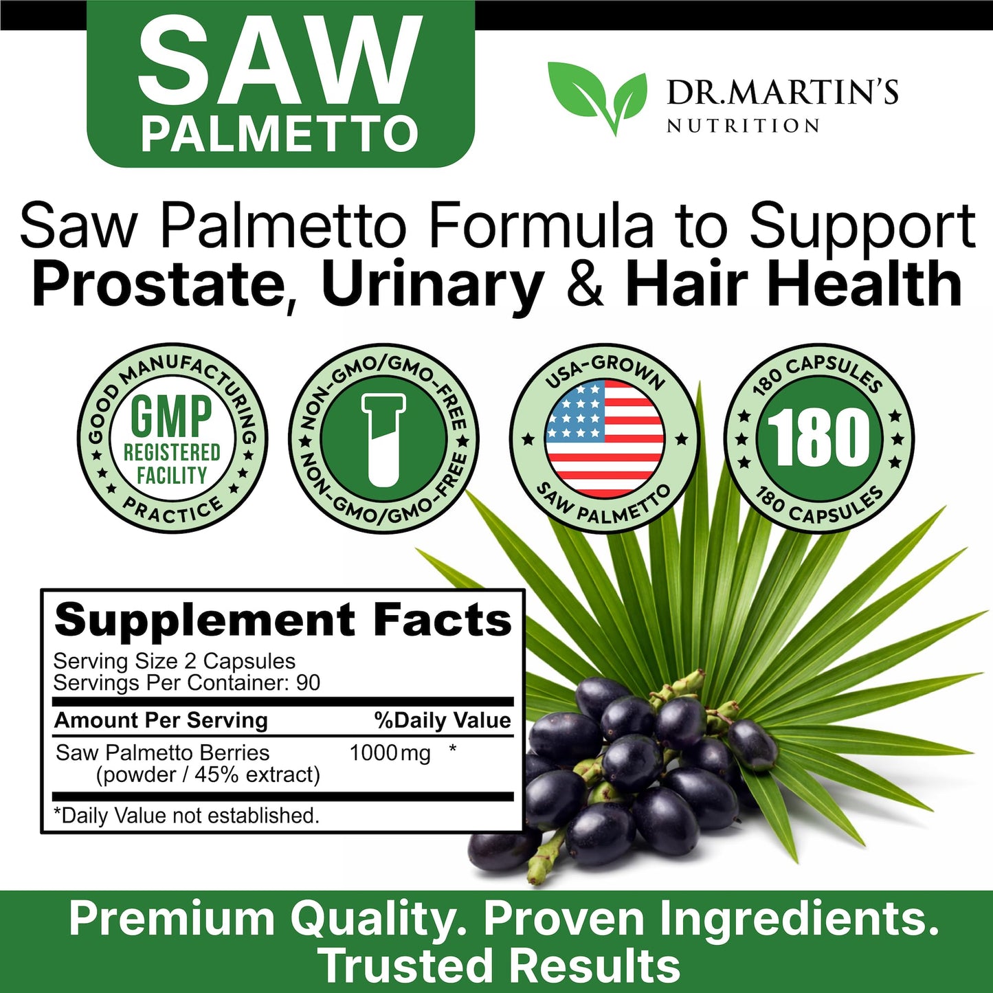 USA Grown Saw Palmetto | 180 Capsules Prostate Health Supplement | Hair Growth for Men & Women | Support to Help Maintain Normal Urination Frequency - Maple Wellness Supplements
