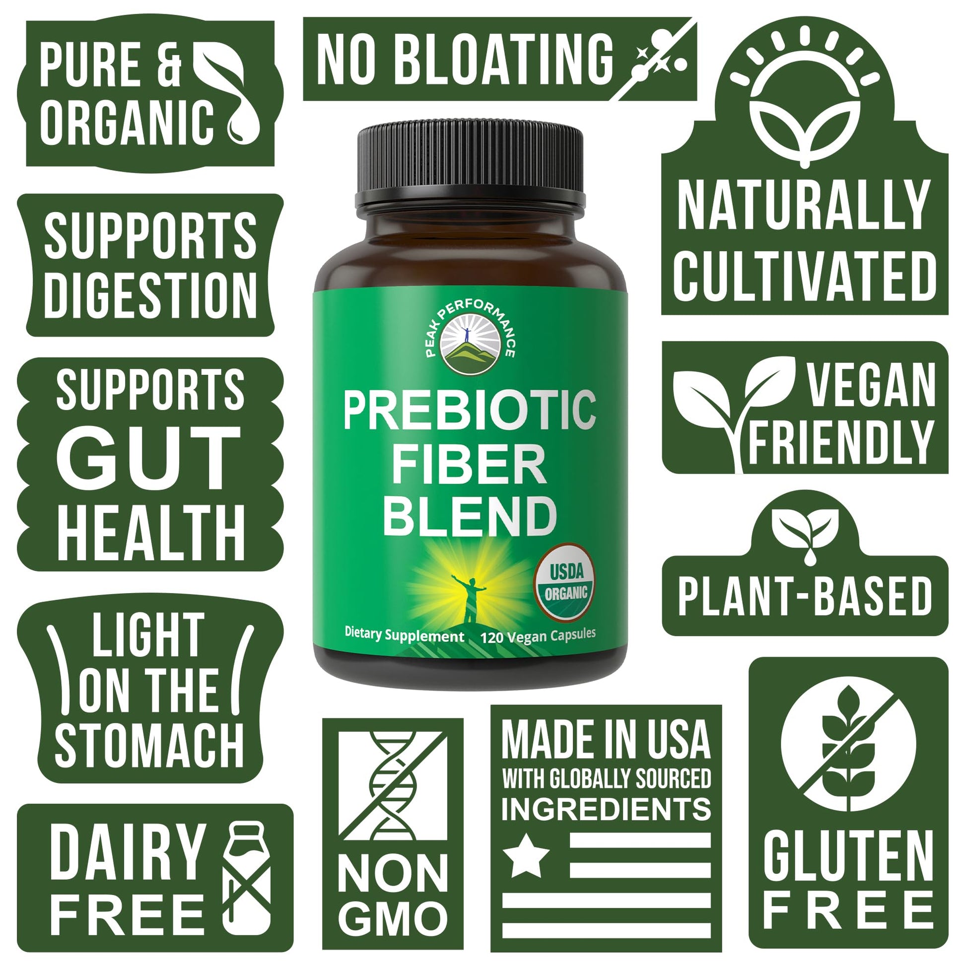 USDA Organic 3-in-1 Prebiotic Fiber - Vegan Capsules for Gut, Digestive Health. Raw Whole Food Plant Based Prebiotics Pills Supplement with Inulin (Jerusalem Artichoke), Acacia Fibers, SunFiber - Maple Wellness Supplements