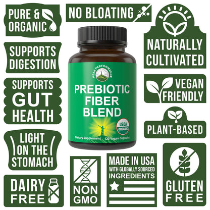 USDA Organic 3-in-1 Prebiotic Fiber - Vegan Capsules for Gut, Digestive Health. Raw Whole Food Plant Based Prebiotics Pills Supplement with Inulin (Jerusalem Artichoke), Acacia Fibers, SunFiber - Maple Wellness Supplements
