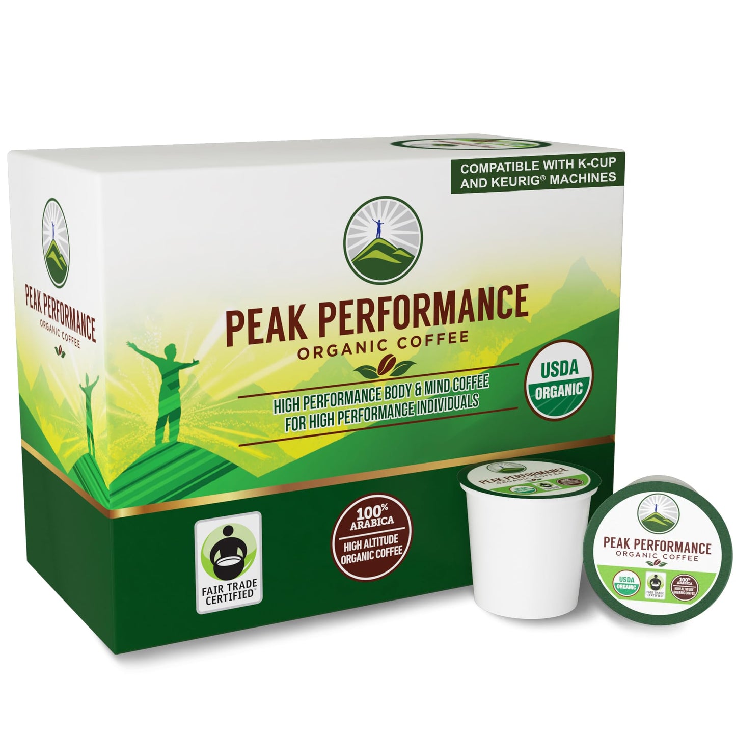 USDA Organic Coffee Pods - Compatible with K-Cup and Keurig Machines - High Altitude Fair Trade Low Acid Beans Medium Roast Single Serve 24 Count Recyclable Cups by Peak Performance - Maple Wellness Supplements