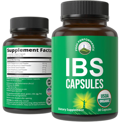 USDA Organic IBS Capsules for Relief, Ingestion, Bloating, Gas. Irritable Bowel Supplement with 5 Handpicked Organic Ingredients. Peppermint Oil, Sea Buckthorn, Fennel Seed, Rosemary Leaf, Basil Leaf - Maple Wellness Supplements