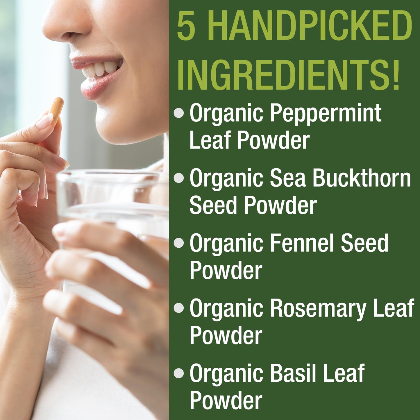 USDA Organic IBS Capsules for Relief, Ingestion, Bloating, Gas. Irritable Bowel Supplement with 5 Handpicked Organic Ingredients. Peppermint Oil, Sea Buckthorn, Fennel Seed, Rosemary Leaf, Basil Leaf - Maple Wellness Supplements