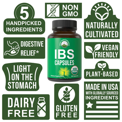 USDA Organic IBS Capsules for Relief, Ingestion, Bloating, Gas. Irritable Bowel Supplement with 5 Handpicked Organic Ingredients. Peppermint Oil, Sea Buckthorn, Fennel Seed, Rosemary Leaf, Basil Leaf - Maple Wellness Supplements