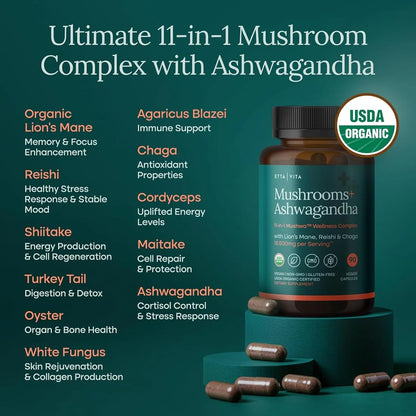 USDA Organic Lions Mane Supplement Capsules with Ashwagandha, Chaga, Reishi, Cordyceps, Turkey Tail (18,600mg/serv) 10x Adaptogenic Mushroom Complex as Focus Supplement - Energy, Immunity & Nootropic - Maple Wellness Supplements