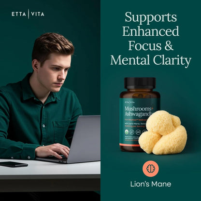USDA Organic Lions Mane Supplement Capsules with Ashwagandha, Chaga, Reishi, Cordyceps, Turkey Tail (18,600mg/serv) 10x Adaptogenic Mushroom Complex as Focus Supplement - Energy, Immunity & Nootropic - Maple Wellness Supplements