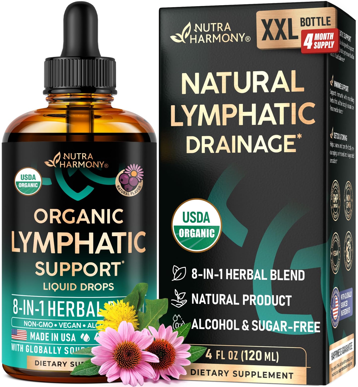 USDA Organic Lymphatic Drainage Supplement - Echinacea | Elderberry | Dandelion | Rosehip | Cleavers | Calendula | Burdock - Made in USA - Lymph System Drops - Maple Wellness Supplements