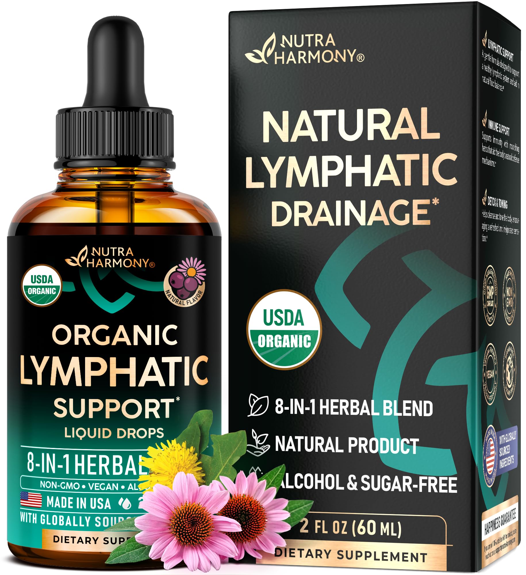 USDA Organic Lymphatic Drainage Supplement - Echinacea | Elderberry | Dandelion | Rosehip | Cleavers | Calendula | Burdock - Made in USA - Lymph System Drops - Maple Wellness Supplements