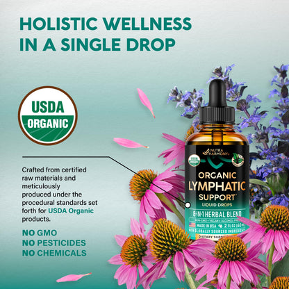 USDA Organic Lymphatic Drainage Supplement - Echinacea | Elderberry | Dandelion | Rosehip | Cleavers | Calendula | Burdock - Made in USA - Lymph System Drops - Maple Wellness Supplements