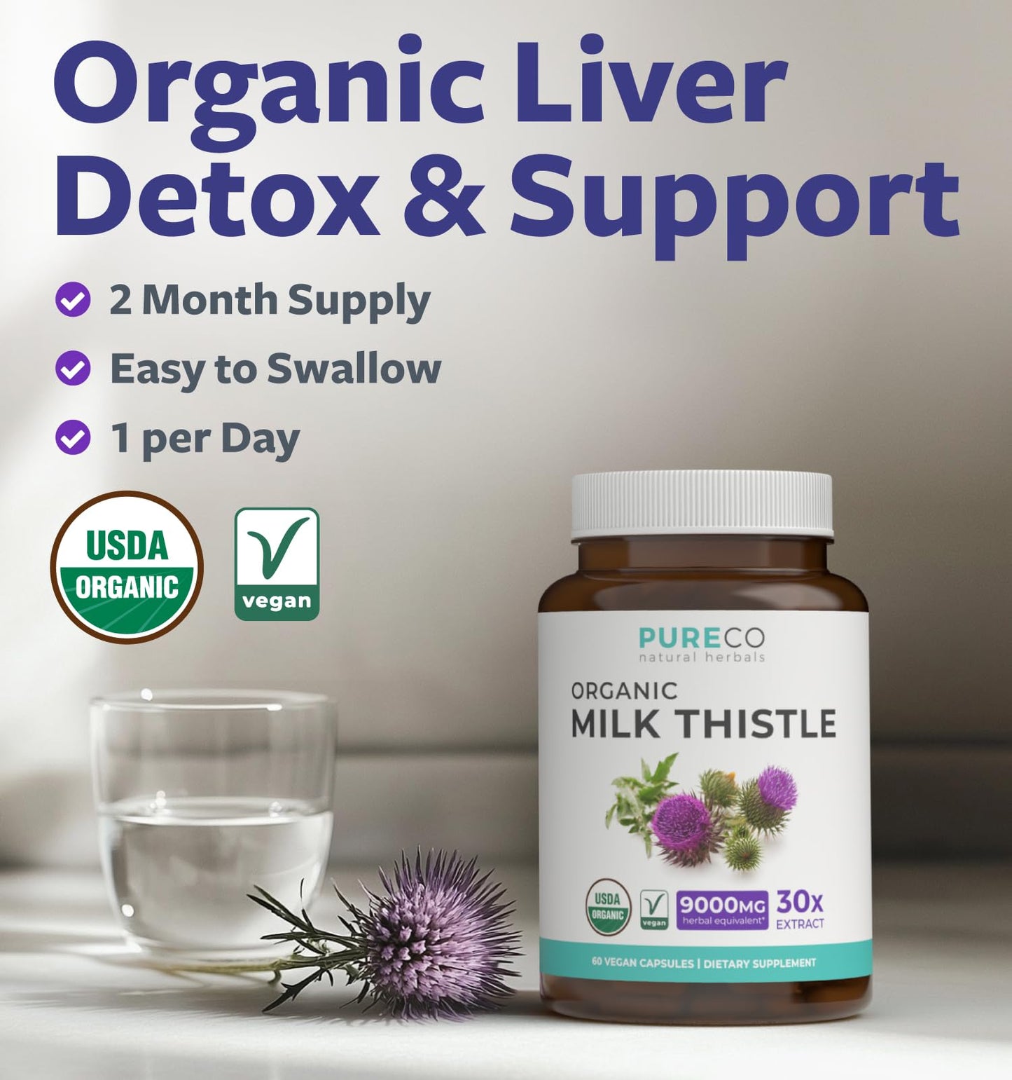 USDA Organic Milk Thistle Capsules - 80% Silymarin Supplement for Liver Support- Super Concentrated 300mg of 30:1 Milk Thistle Extract Equivalent to 9,000mg - Milk Thistle Liver Detox 60 Day Supply - Maple Wellness Supplements