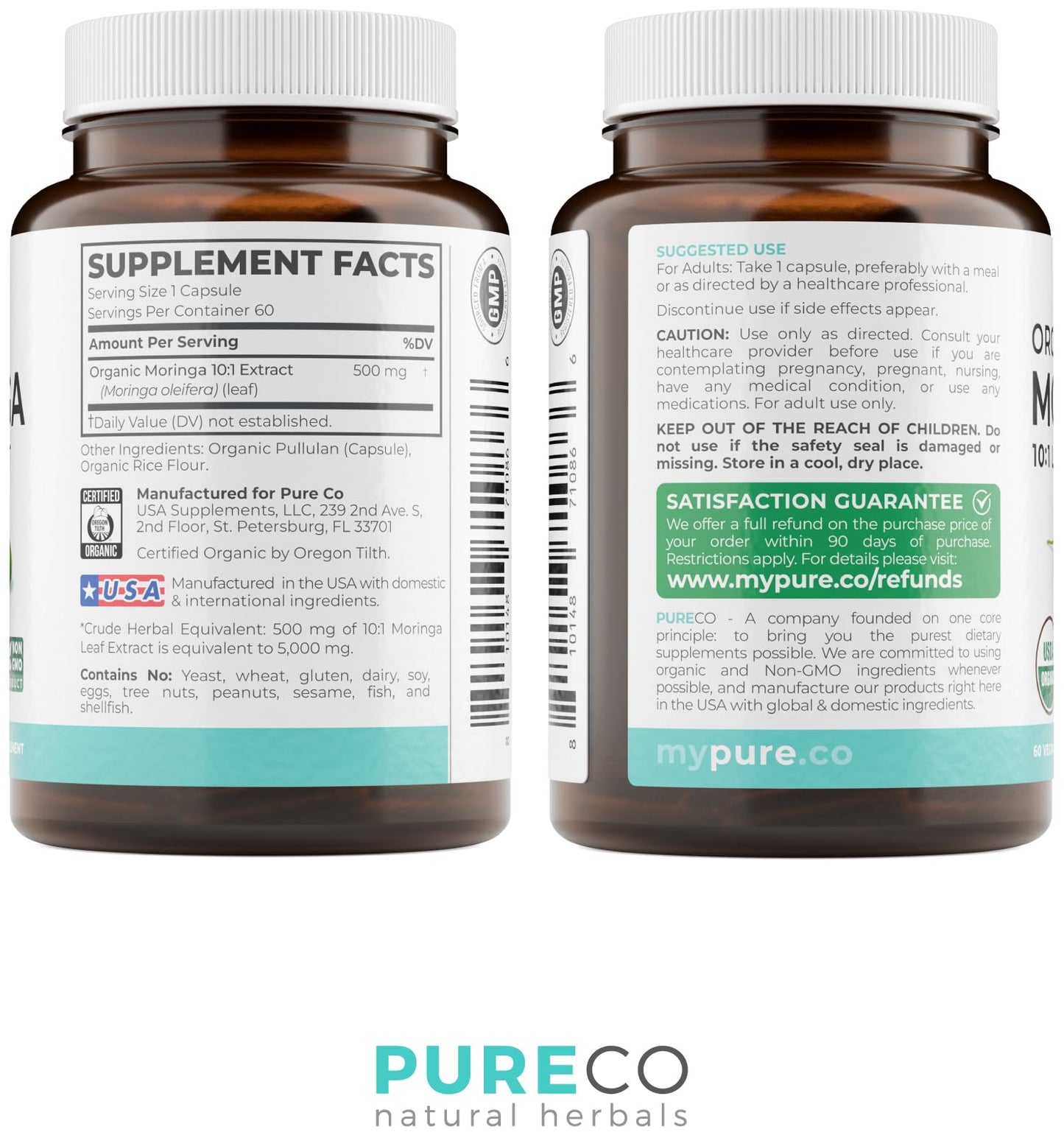 USDA Organic Moringa Capsules - High Potency Organic Moringa 500mg Extract 10:1 Per 1 Capsule Serving - Nutrient Dense Green Superfood Antioxidant - Maple Wellness Supplements