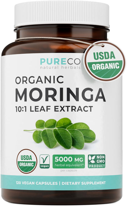 USDA Organic Moringa Capsules - High Potency Organic Moringa 500mg Extract 10:1 Per 1 Capsule Serving - Nutrient Dense Green Superfood Antioxidant - Maple Wellness Supplements