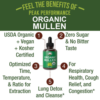 USDA Organic Mullein Leaf Drops for Lungs, Respiratory Health, Detox, Cleanse. High Bioavailability for Women, Men, Kids. Liquid Tincture Supplement. Sooth Lungs, Cough, Congestion. Vegan, Zero Sugar - Maple Wellness Supplements