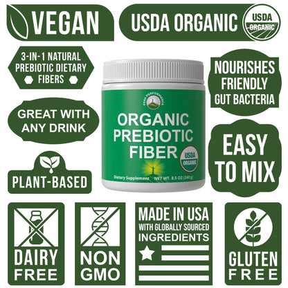 USDA Organic Prebiotic Fiber 3-in-1 Vegan Powder for Gut Health. Raw Whole Food Plant Based Prebiotics Digestive Supplement with Organic Inulin (Jerusalem Artichoke), Acacia Fibers, SunFiber - Maple Wellness Supplements