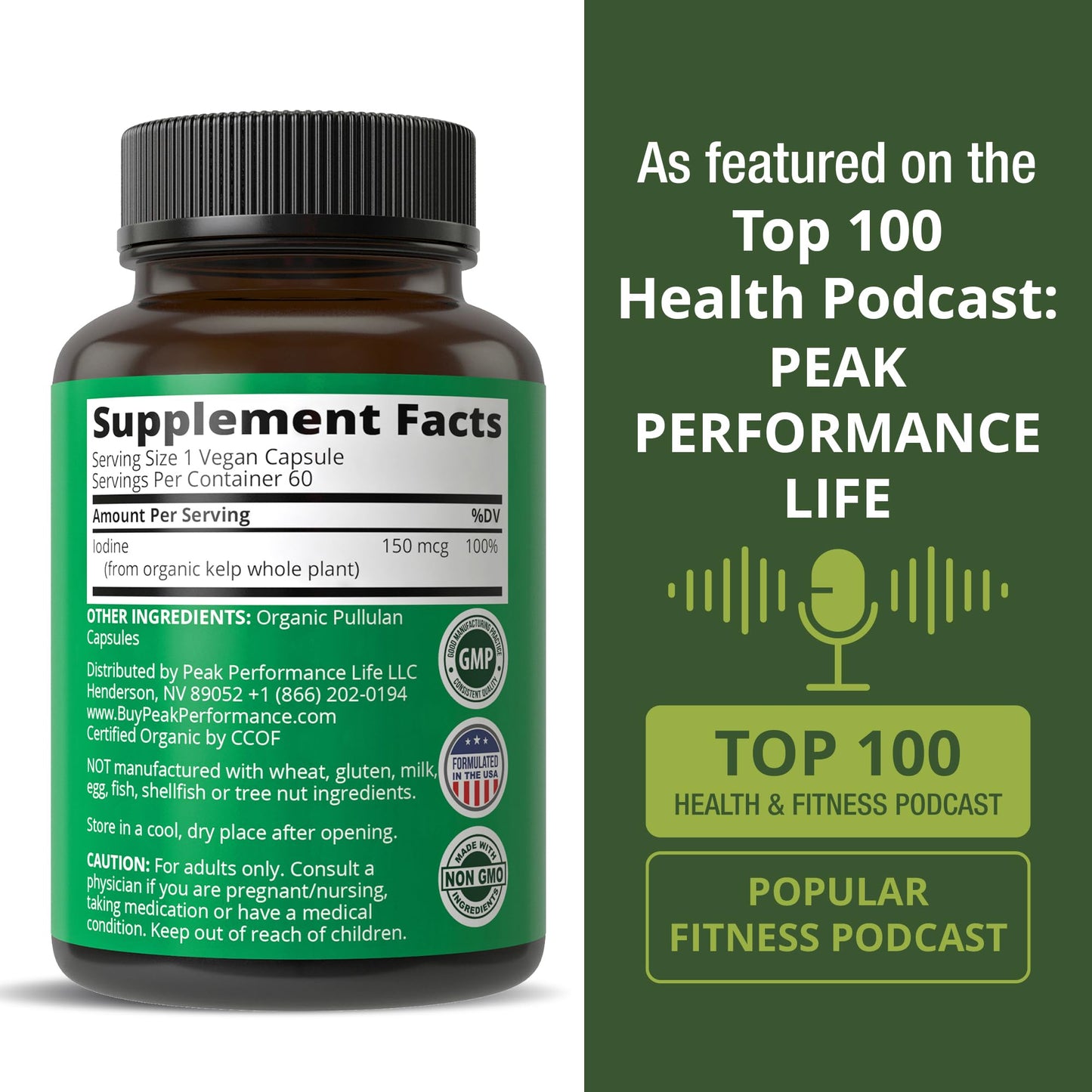 USDA Organic Raw Whole Food Iodine Supplement from Kelp (Ascophyllum Nodosum) - Potassium Iodide Tablets Alternative - for Thyroid, Energy, and Immune Support - 60 Vegan Capsules by Peak Performance - Maple Wellness Supplements