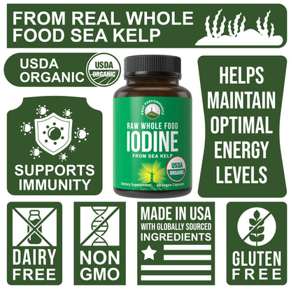 USDA Organic Raw Whole Food Iodine Supplement from Kelp (Ascophyllum Nodosum) - Potassium Iodide Tablets Alternative - for Thyroid, Energy, and Immune Support - 60 Vegan Capsules by Peak Performance - Maple Wellness Supplements