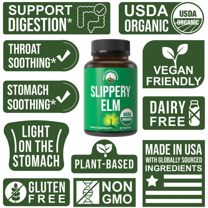 USDA Organic Slippery Elm for Women & Men. Vegan Capsules with Micronized Slippery Elm Bark Powder for Digestion, Bloating Relief, & Gut Lining. Natural Mucilage That Soothes The Throat & Airways - Maple Wellness Supplements