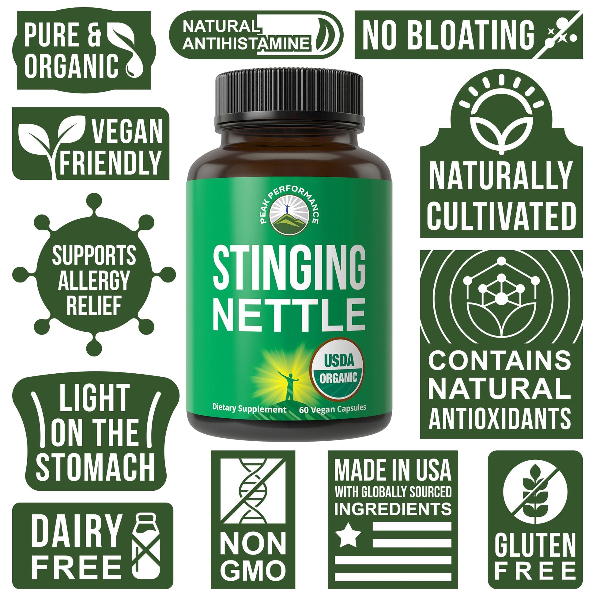 USDA Organic Stinging Nettle Vegan Capsules Made with Stinging Nettle Leaf Powder for Prostate, Hair Growth, Allergy. Better Than Root or Seed Extract. Plant Based Herb Supplement Tablets, 60 Pills - Maple Wellness Supplements