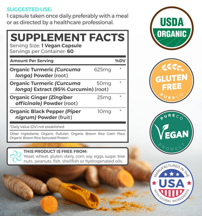 USDA Organic Turmeric Curcumin with Black Pepper and Ginger (2 Month Supply) - Maple Wellness Supplements