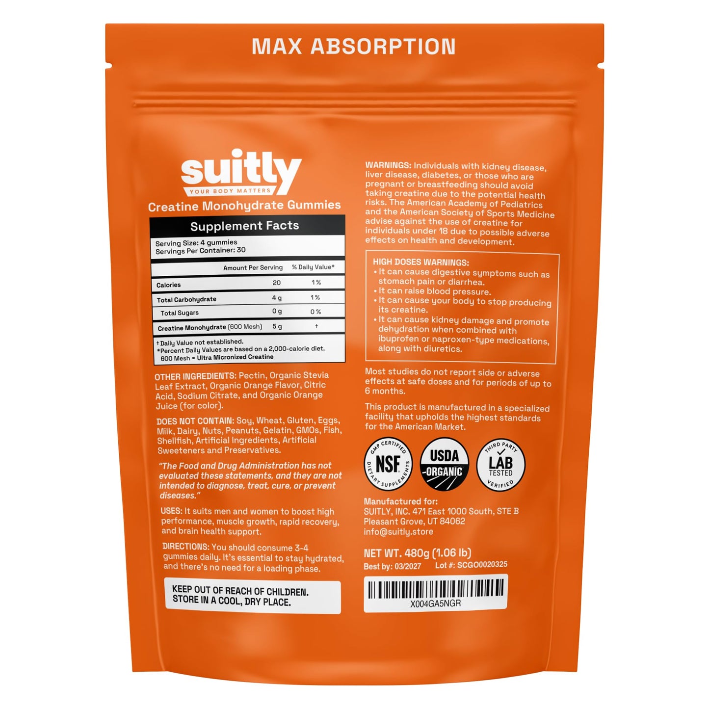 USDA Organic Ultra-Micronized Creatine Gummies for Men & Women; Orange Max Absorption 5g Creatine Gummies Sugar Free for Muscle Gain, Energy & Recovery; Muscle Builder for Women with Pouch - 120 Count - Maple Wellness Supplements