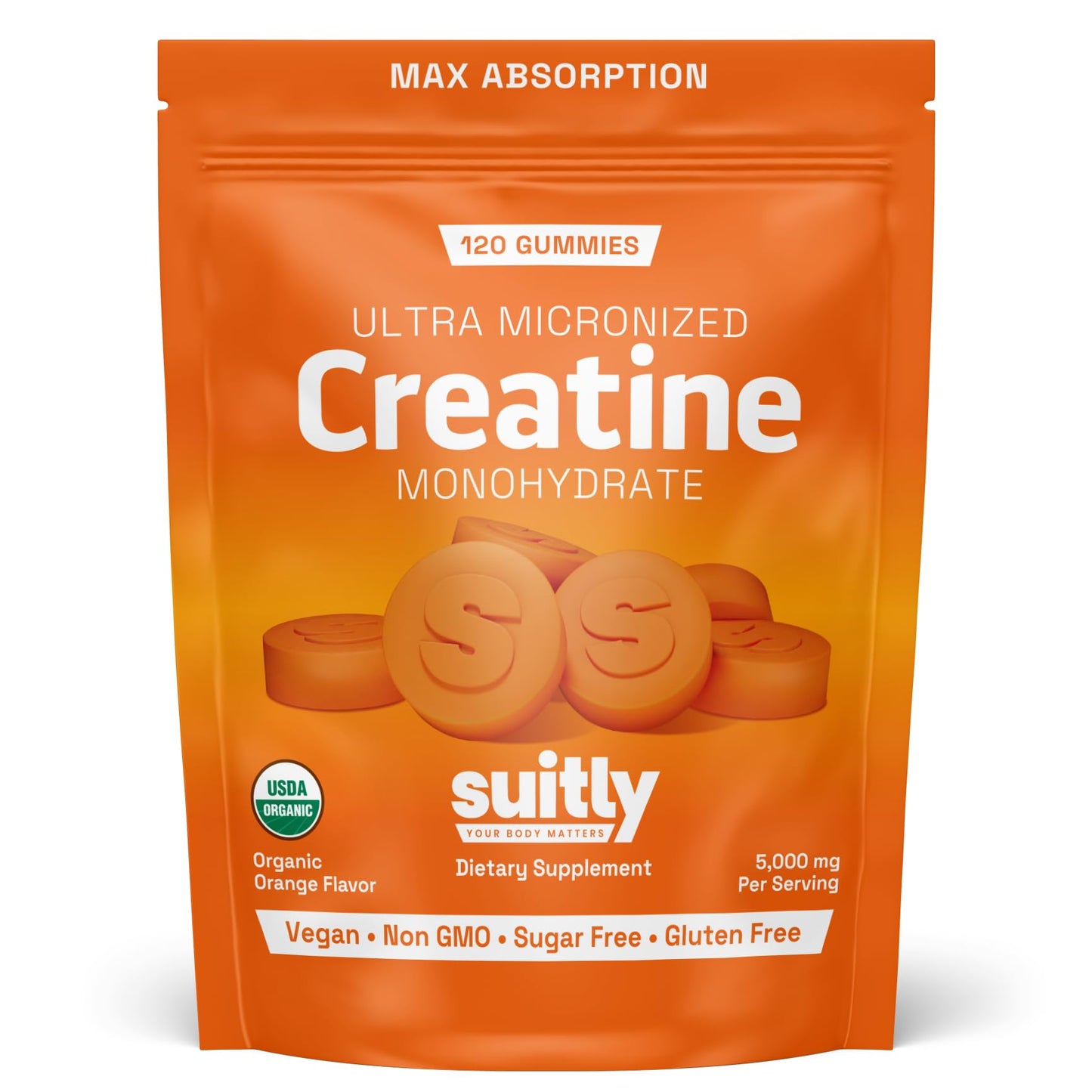 USDA Organic Ultra-Micronized Creatine Gummies for Men & Women; Orange Max Absorption 5g Creatine Gummies Sugar Free for Muscle Gain, Energy & Recovery; Muscle Builder for Women with Pouch - 120 Count - Maple Wellness Supplements