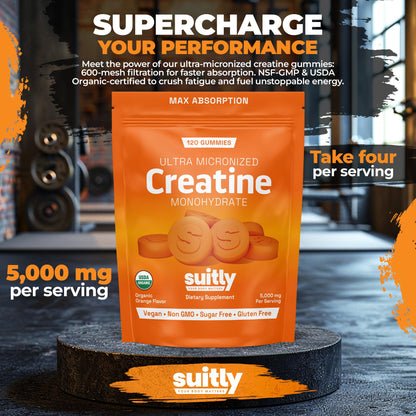 USDA Organic Ultra-Micronized Creatine Gummies for Men & Women; Orange Max Absorption 5g Creatine Gummies Sugar Free for Muscle Gain, Energy & Recovery; Muscle Builder for Women with Pouch - 120 Count - Maple Wellness Supplements