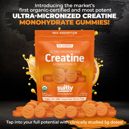 USDA Organic Ultra-Micronized Creatine Gummies for Men & Women; Orange Max Absorption 5g Creatine Gummies Sugar Free for Muscle Gain, Energy & Recovery; Muscle Builder for Women with Pouch - 120 Count - Maple Wellness Supplements