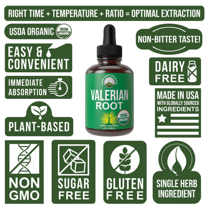 USDA Organic Valerian Root Liquid Drops Supplement. Vegan Extract Tincture for Relaxation, Sleep, Calm. Great Alternative to Valerian Capsules. Zero Sugar, Gluten Free Supplements for Women and Men - Maple Wellness Supplements