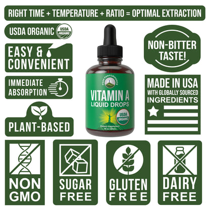 USDA Organic Vitamin A Liquid Drops Supplement. Vegan High Bioavailability for Eye, Skin + Bone Health. for Adults, Men, Women, Kids. Vit A Oil Retinyl Palmitate. Gluten Free, Zero Sugar. 100 Servings - Maple Wellness Supplements