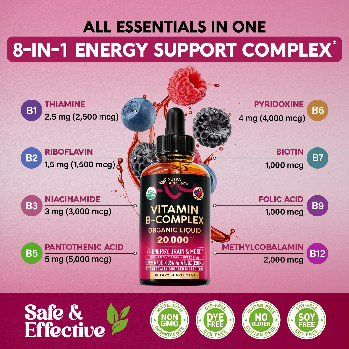 USDA Organic Vitamin B-Complex B5 Pantothenic Acid | B12 Methylcobalamin | B1 Thiamine | B6 Pyridoxine | B7 Biotin | B9 Folic | B3 Niacinamide - Maple Wellness Supplements
