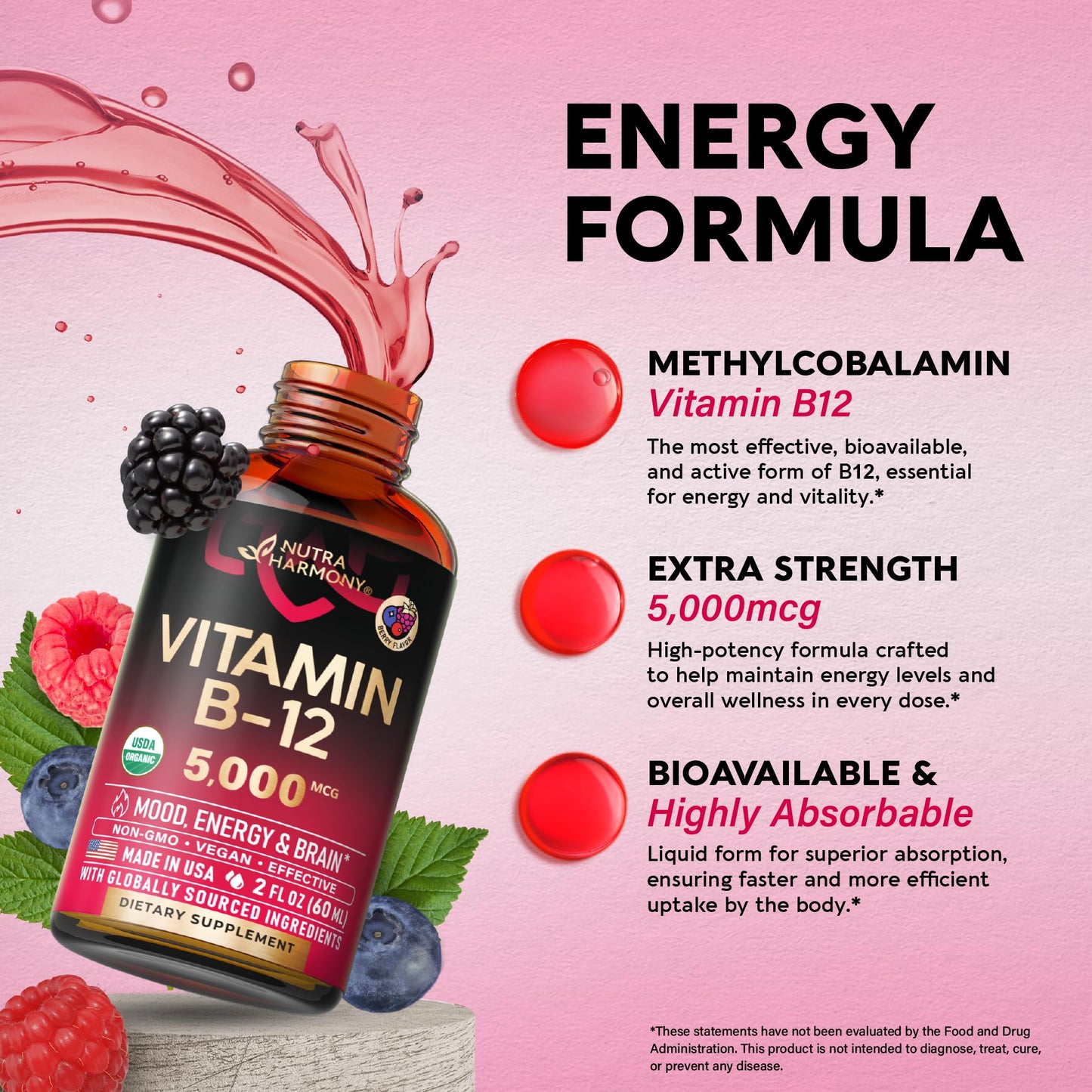 USDA Organic Vitamin B12 Sublingual Drops - 5000 mcg Liquid Vegan Methylcobalamin for Women & Men - Energy Boost, Focus & Mood, Brain Health Support - Maple Wellness Supplements