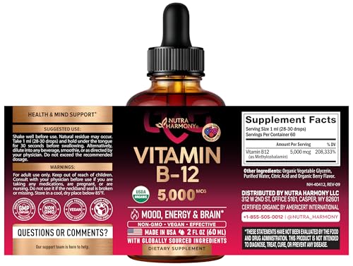 USDA Organic Vitamin B12 Sublingual Drops - 5000 mcg Liquid Vegan Methylcobalamin for Women & Men - Energy Boost, Focus & Mood, Brain Health Support - Maple Wellness Supplements