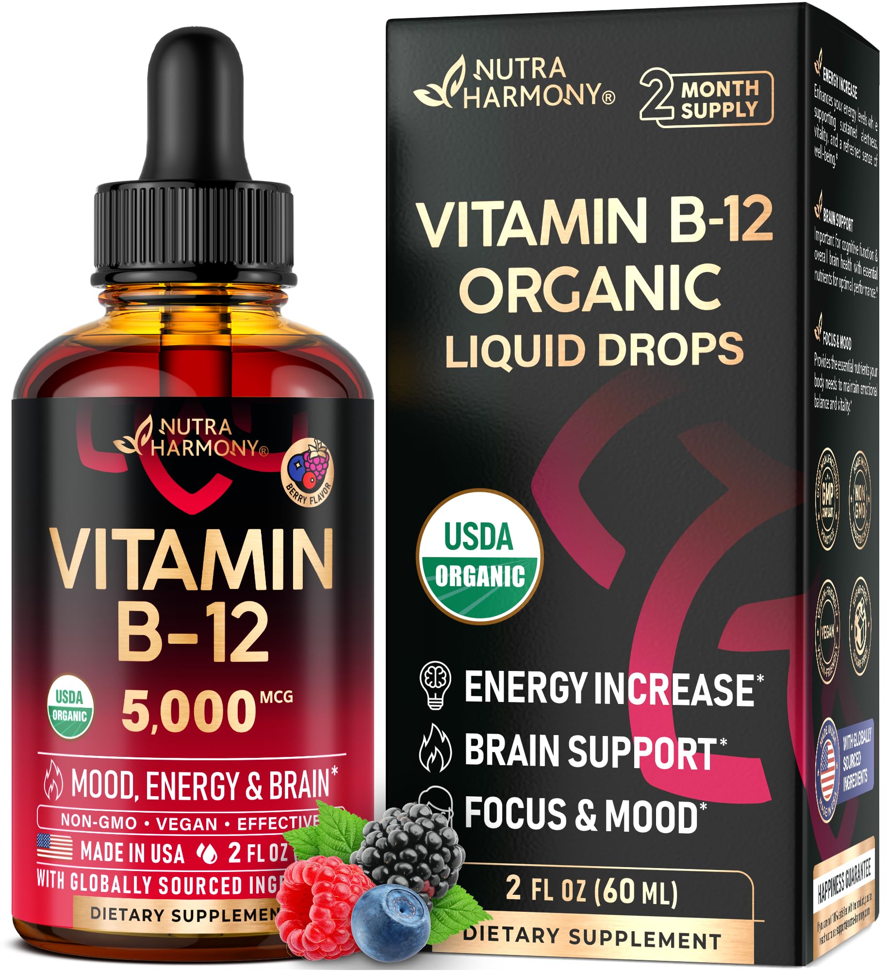 USDA Organic Vitamin B12 Sublingual Drops - 5000 mcg Liquid Vegan Methylcobalamin for Women & Men - Energy Boost, Focus & Mood, Brain Health Support - Maple Wellness Supplements
