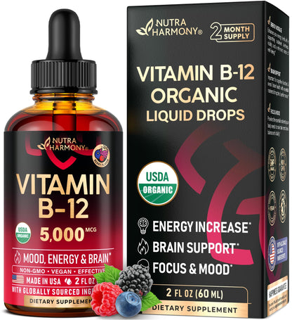 USDA Organic Vitamin B12 Sublingual Drops - 5000 mcg Liquid Vegan Methylcobalamin for Women & Men - Energy Boost, Focus & Mood, Brain Health Support - Maple Wellness Supplements