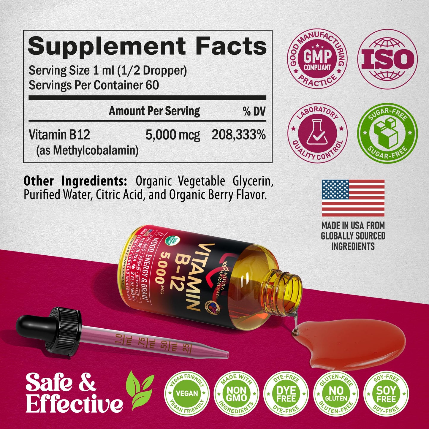 USDA Organic Vitamin B12 Sublingual Drops - 5000 mcg Liquid Vegan Methylcobalamin for Women & Men - Energy Boost, Focus & Mood, Brain Health Support - Maple Wellness Supplements