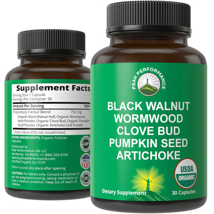 USDA Organic Wormwood Black Walnut Clove Cleanse for Humans. Elimination Detox + Intestinal Support Capsules Supplement for Adults and Kids. Pills with Artichoke and Pumpkin Seed for Added Benefits - Maple Wellness Supplements