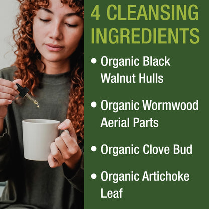 USDA Organic Wormwood Black Walnut Clove Drops Cleanse for Humans. Sugar Free Supplement for Intestinal Cleanse, Detox Support for Adults and Kids. with Artichoke and Clove Bud. Kosher, No GMOs - Maple Wellness Supplements