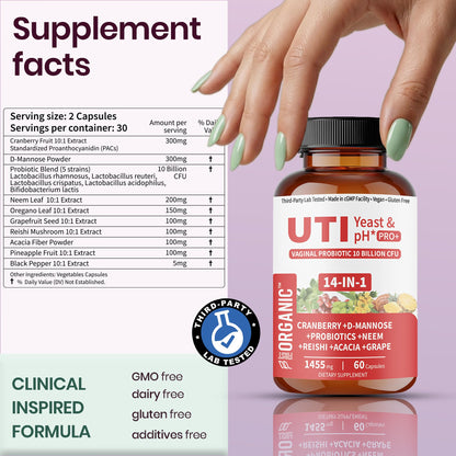 UTI Flora & Odor Pro+ & UTI Yeast & pH Pro+ | Pack of 2 | Vaginal Probiotics for Feminine Hydration & Freshness Support | Third-party Tested, cGMP Facility, Vegan, Non-GMO, Gluten-Free | 60+60 Caps - Maple Wellness Supplements