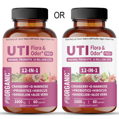 UTI Flora & Odor Pro+ & UTI Yeast & pH Pro+ | Pack of 2 | Vaginal Probiotics for Feminine Hydration & Freshness Support | Third-party Tested, cGMP Facility, Vegan, Non-GMO, Gluten-Free | 60+60 Caps - Maple Wellness Supplements