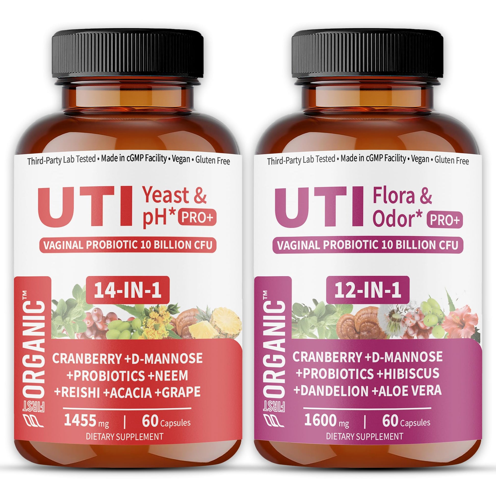 UTI Flora & Odor Pro+ & UTI Yeast & pH Pro+ | Pack of 2 | Vaginal Probiotics for Feminine Hydration & Freshness Support | Third-party Tested, cGMP Facility, Vegan, Non-GMO, Gluten-Free | 60+60 Caps - Maple Wellness Supplements