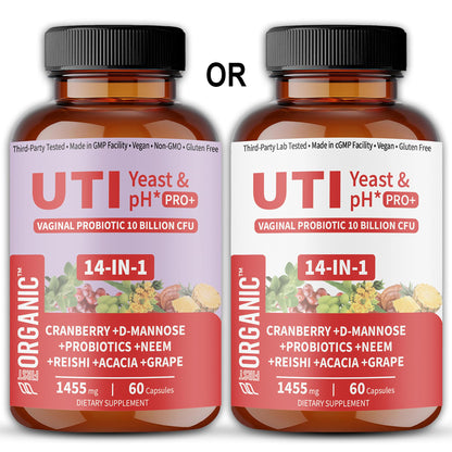 UTI Flora & Odor Pro+ & UTI Yeast & pH Pro+ | Pack of 2 | Vaginal Probiotics for Feminine Hydration & Freshness Support | Third-party Tested, cGMP Facility, Vegan, Non-GMO, Gluten-Free | 60+60 Caps - Maple Wellness Supplements