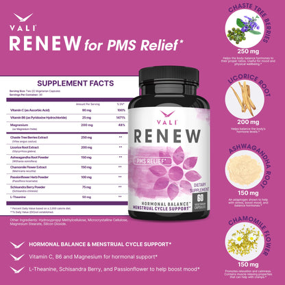 VALI Renew PMS Relief Supplement. Women’s Menstrual Cycle Support. Herbal Formula - Maple Wellness Supplements